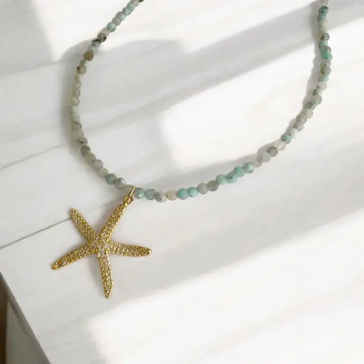 Starfish Beachy Summer Amazonite Beaded Necklace