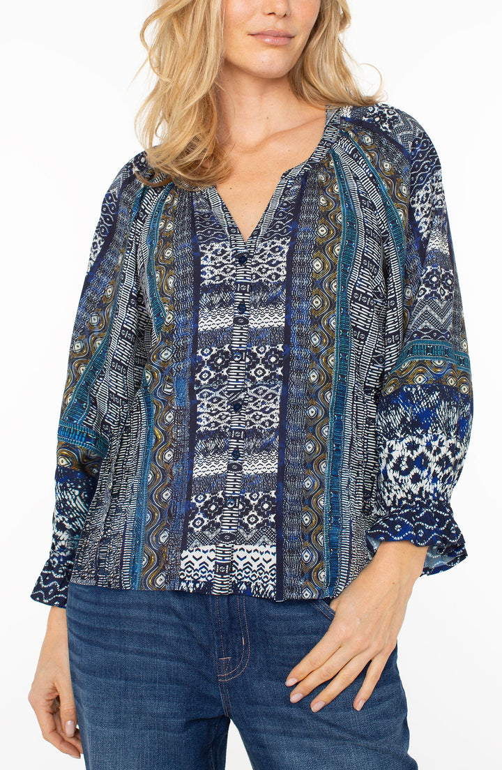 Blue Shibori Button Front Woven Blouse