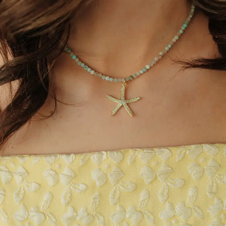 Starfish Beachy Summer Amazonite Beaded Necklace