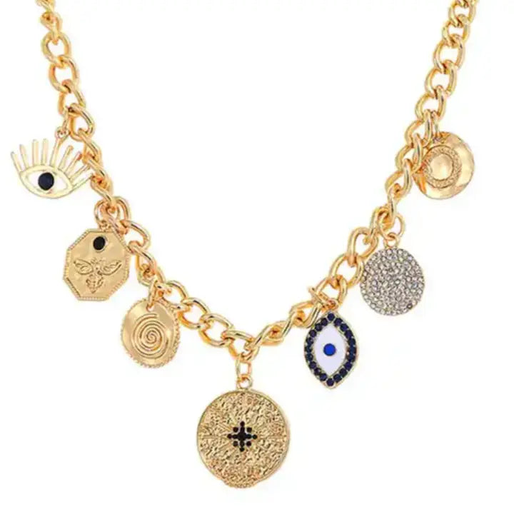 Celestial Coin Charm White Evil Eye Necklace