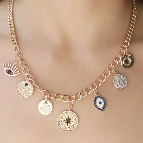 Celestial Coin Charm White Evil Eye Necklace