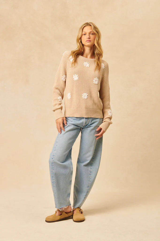 Hendrix Crew Neck Cotton Sweater With Embroidered Flowers