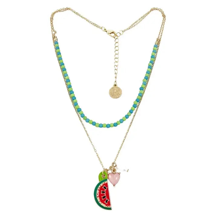 Summer Necklace- Colour and Watermelon and Heart Beaded Neck